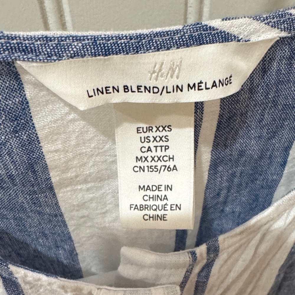 H&M Blue and White Striped Linen-Blend Shirt Dress XXS coastal puff sleeve - Picture 2 of 4